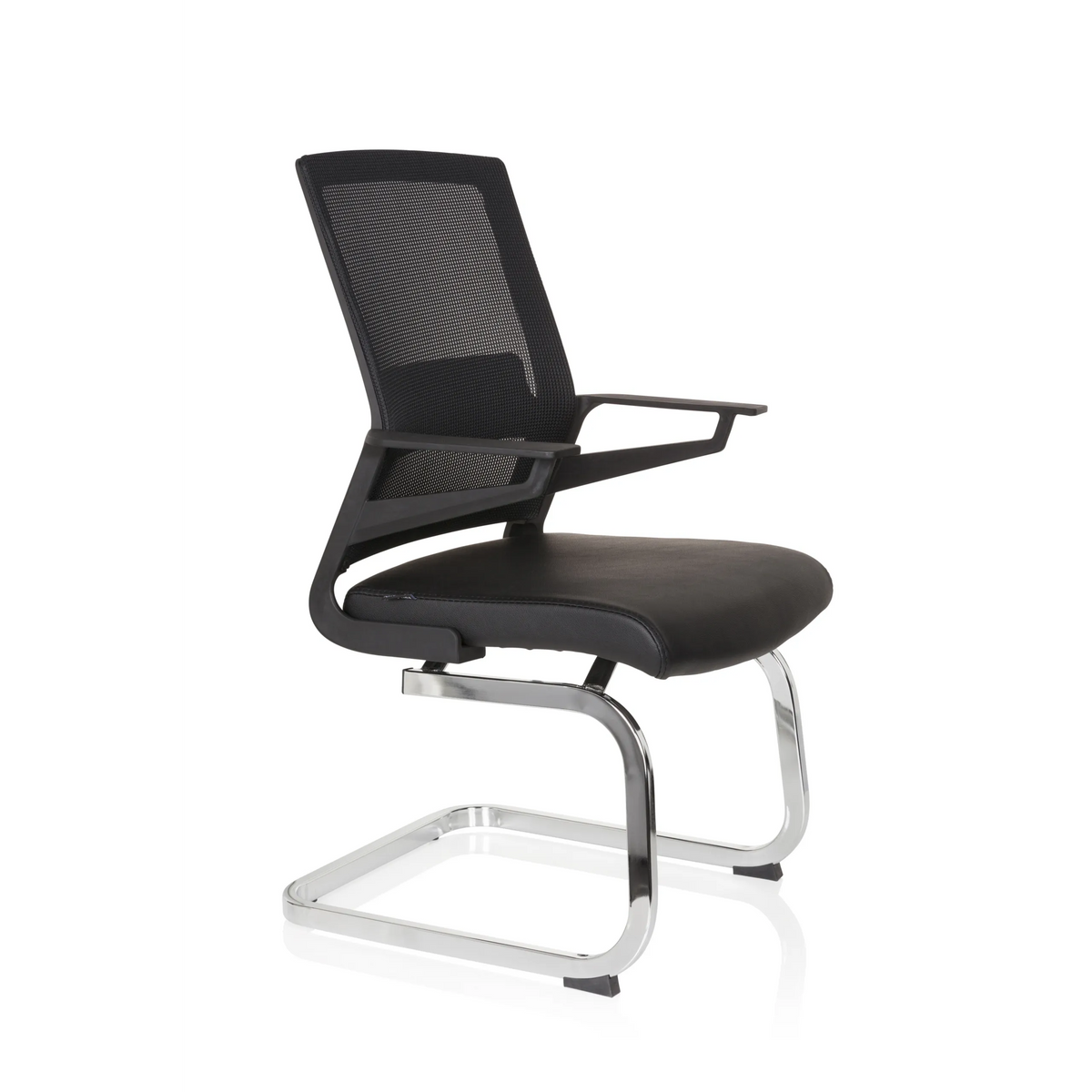 Sedia a sbalzo INVENTOR V PRO nera con schienale in rete, braccioli e base a slitta di hjh OFFICE – vista a 360° (vista frontale a tre quarti 60°)