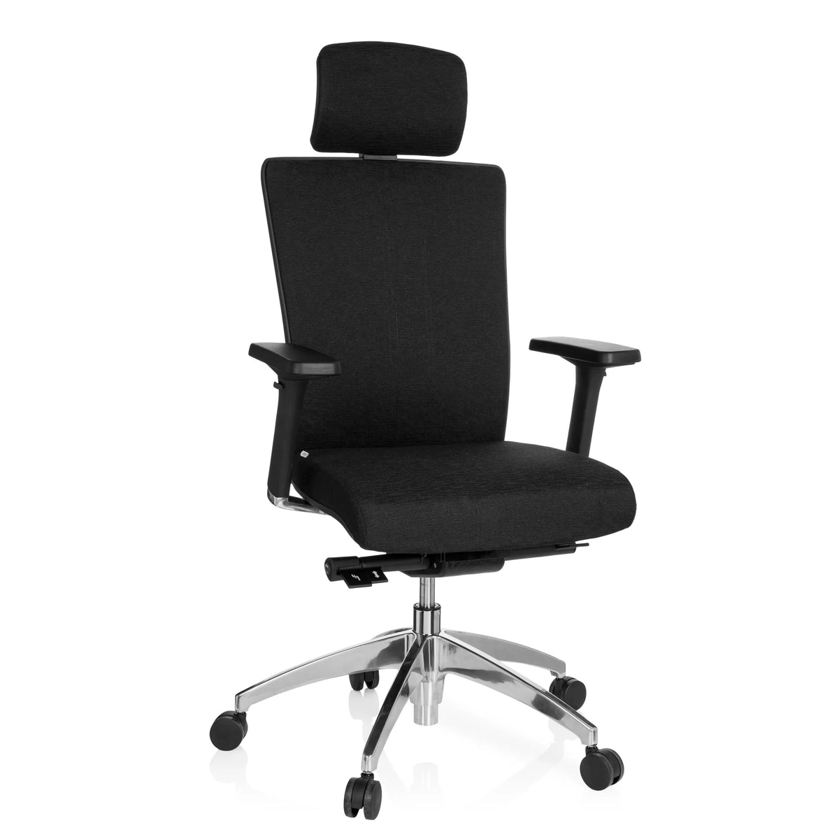 Sedia da ufficio professionale ASTRA LUX nera con poggiatesta, braccioli e base a cinque ruote di hjh OFFICE – vista a 360° (vista frontale 20°)