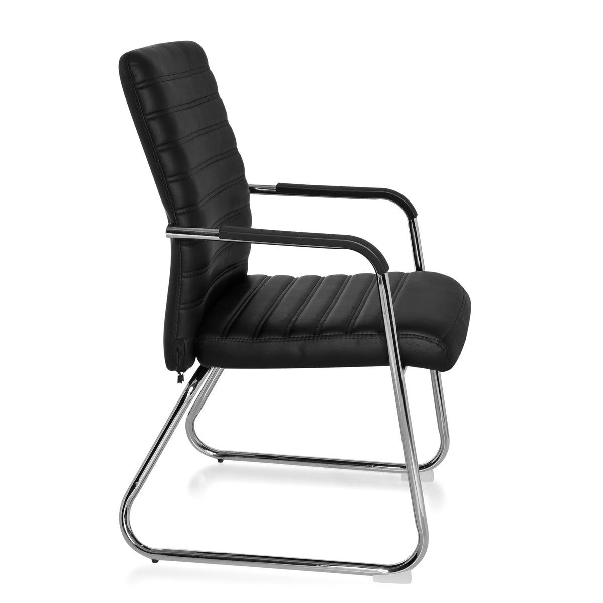 Sedia visitatore nera STEEL V con impunture trasversali e struttura a slitta di hjh OFFICE – vista a 360° (profilo laterale 80°)