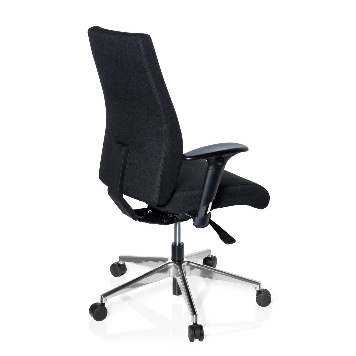 Sedia da ufficio professionale PRO-TEC 250 nera con braccioli e base a cinque ruote di hjh OFFICE – vista a 360° (vista posteriore a tre quarti 120°)