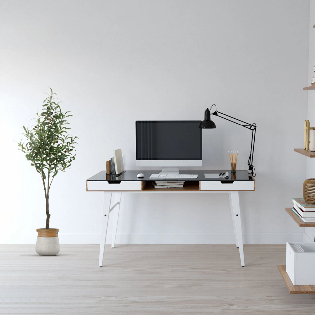 Piante artificiali OLIVE di colore verde con un vaso bianco di hjh OFFICE