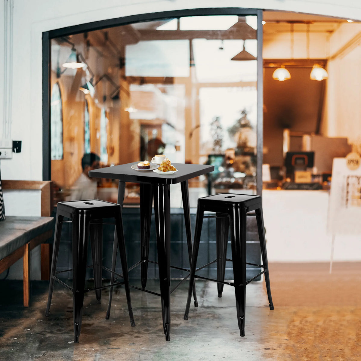 Tavolo da bar nero VANTAGGIO HIGH T con due sgabelli coordinati di hjh OFFICE