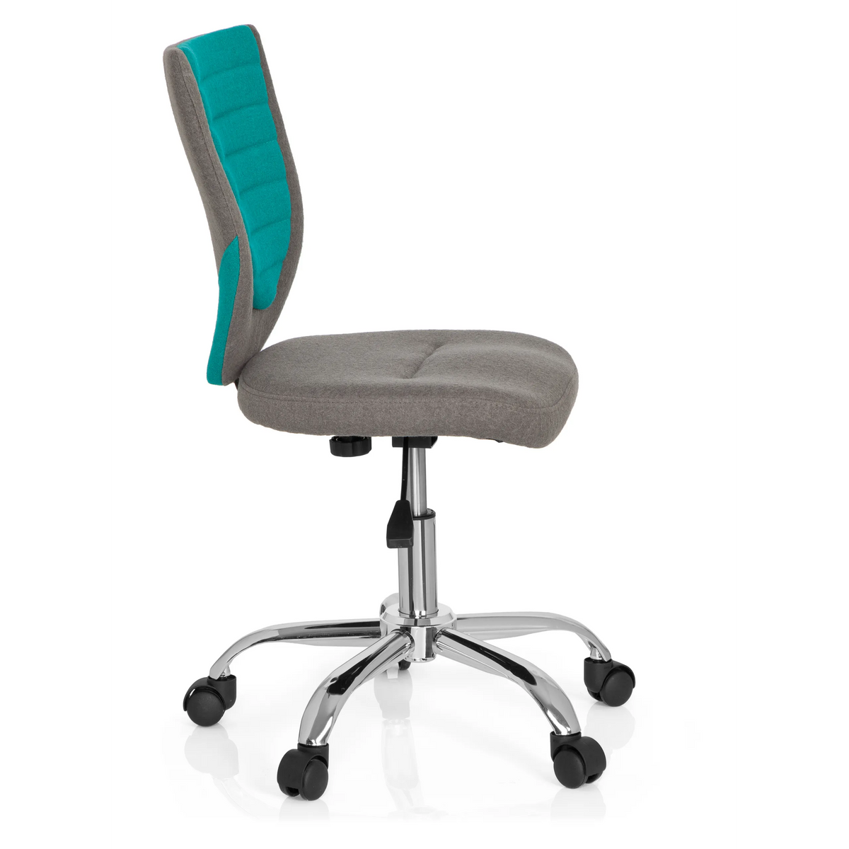Sedia girevole per bambini KIDDY COMFORT grigio-turchese con base a stella e cinque rotelle di hjh OFFICE – vista a 360° (profilo laterale 80°)