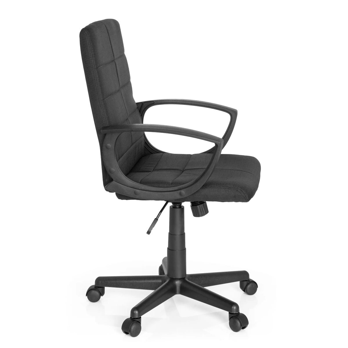 Sedia Home Office STAR-TEC CL300 nera con braccioli e base a cinque ruote di MyBuero – vista a 360° (profilo laterale 80°)
