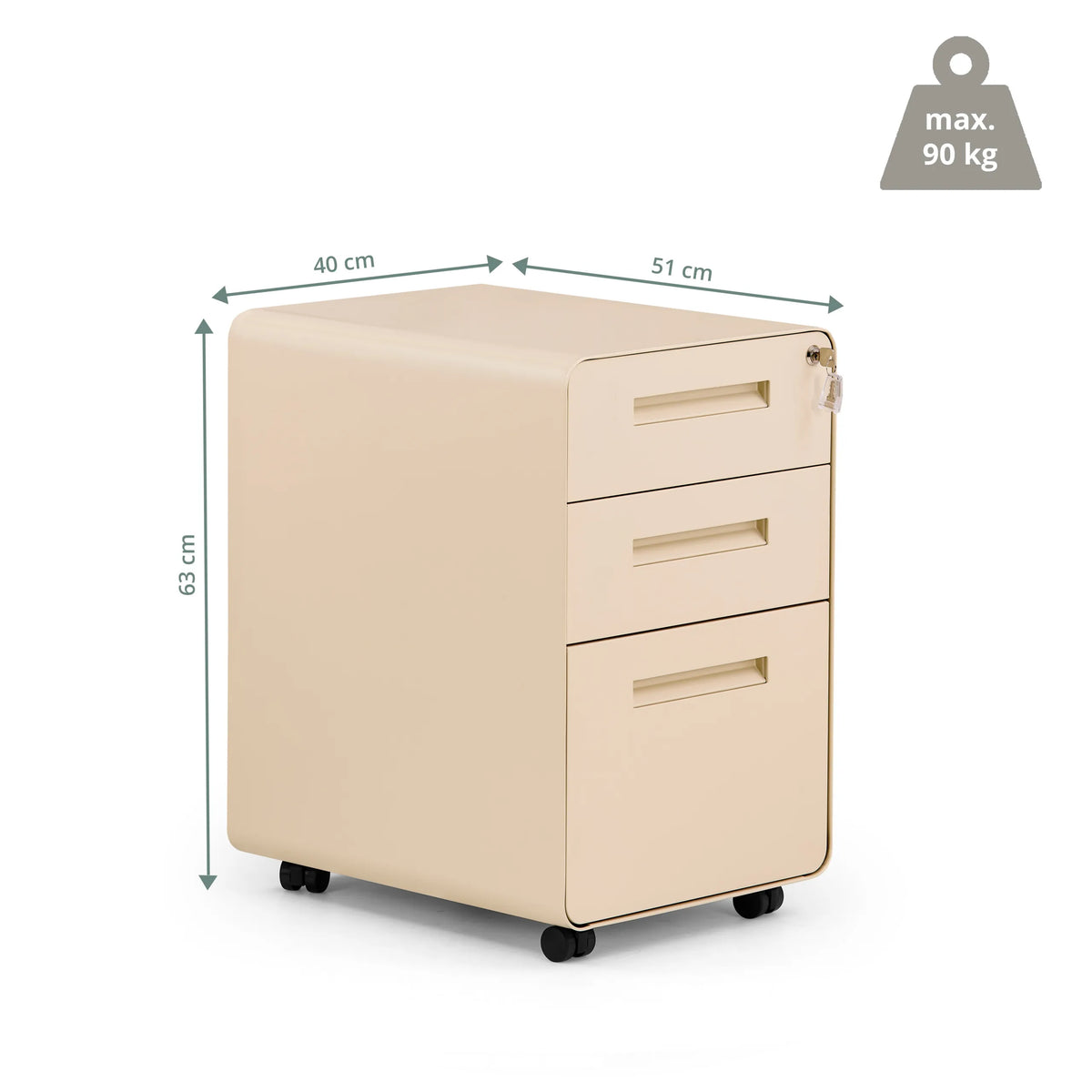 Disegno tecnico della cassettiera con rotelle COLOR PLUS I con 51 × 40 cm e portata massima di 90 kg di hjh OFFICE