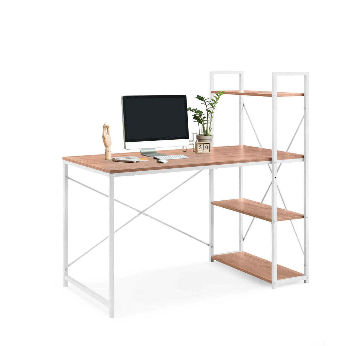 Scrivania Easy Up3 in bianco e rovere con scaffale integrato e tre ripiani di hjh LIVING