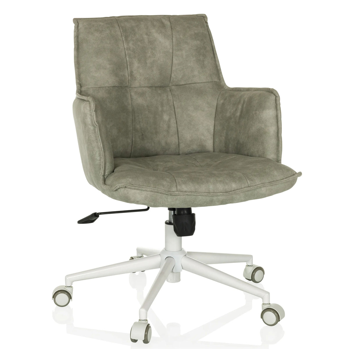 Sedia Home Office SOLAO LIFE W grigia con rivestimento trapuntato e base bianca a cinque ruote di hjh LIVING – vista a 360° (vista frontale 15°)