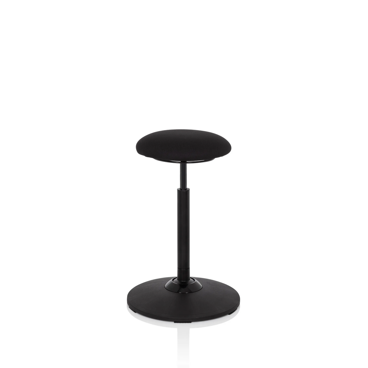 Ausilio per la posizione eretta BALANCE SIT nero con cuscino per seduta rotondo e base circolare di hjh OFFICE – vista a 360° (vista frontale a tre quarti 60°)