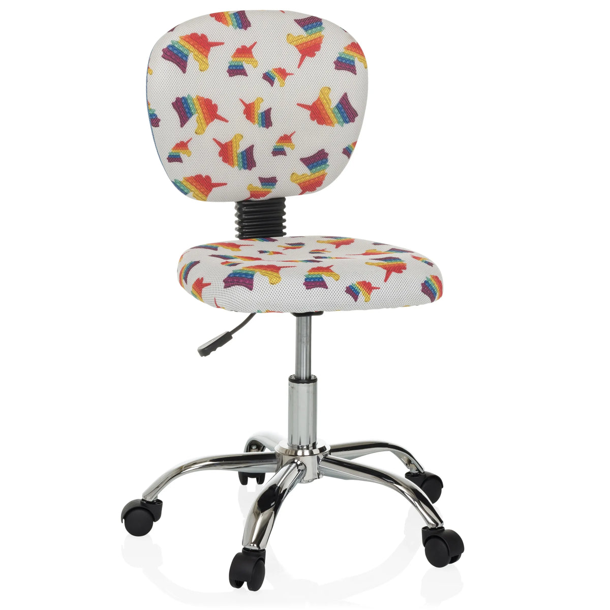 Sedia girevole per bambini KID BUBBLE con motivo arcobaleno colorato e base a cinque ruote di hjh OFFICE – vista a 360° (vista frontale 15°)