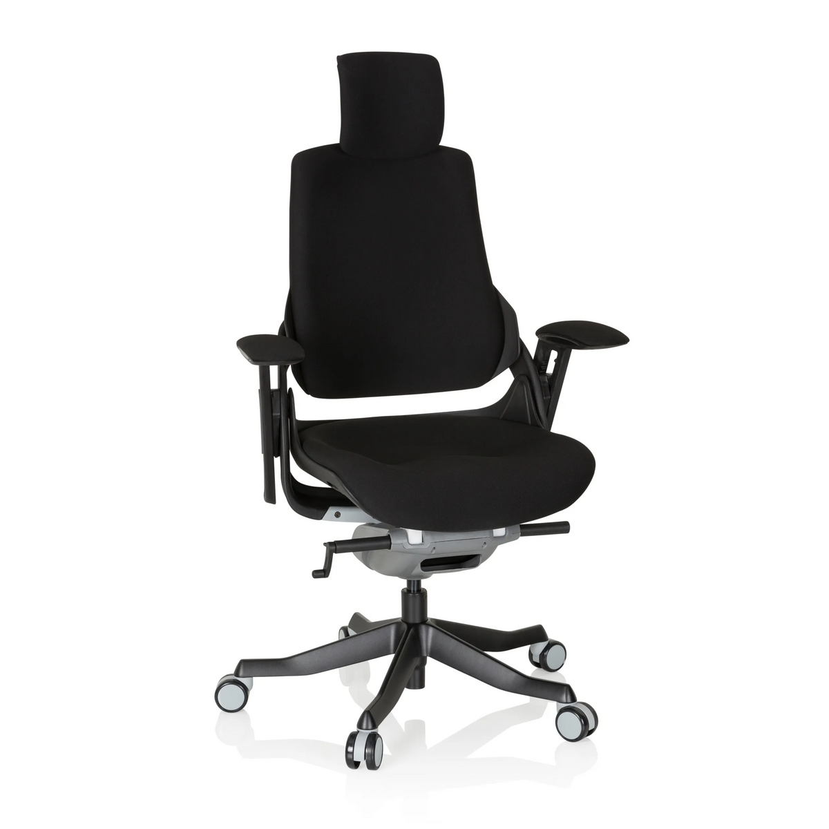 Sedia da ufficio professionale SPEKTRE BLACK nera con poggiatesta, braccioli e base a cinque ruote di hjh OFFICE – vista a 360° (vista frontale 20°)