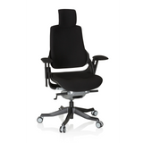 Sedia da ufficio professionale SPEKTRE BLACK nera con poggiatesta, braccioli e base a cinque ruote di hjh OFFICE – vista a 360° (vista frontale 20°)