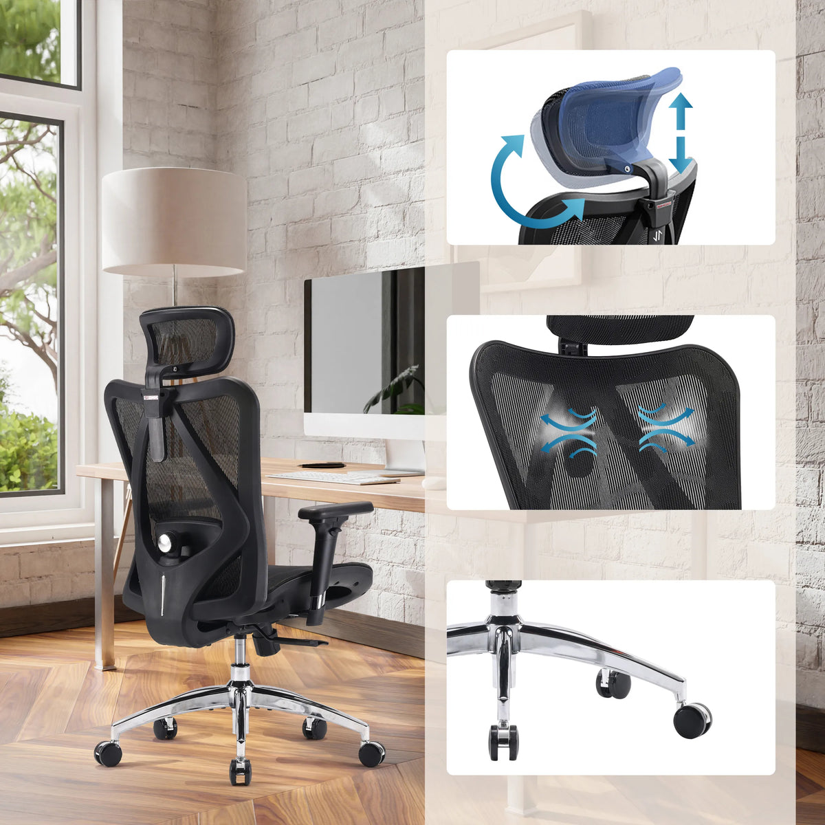 Sedia da ufficio professionale M57-M015 nera con poggiatesta regolabile, schienale in rete e base a stella di Sihoo