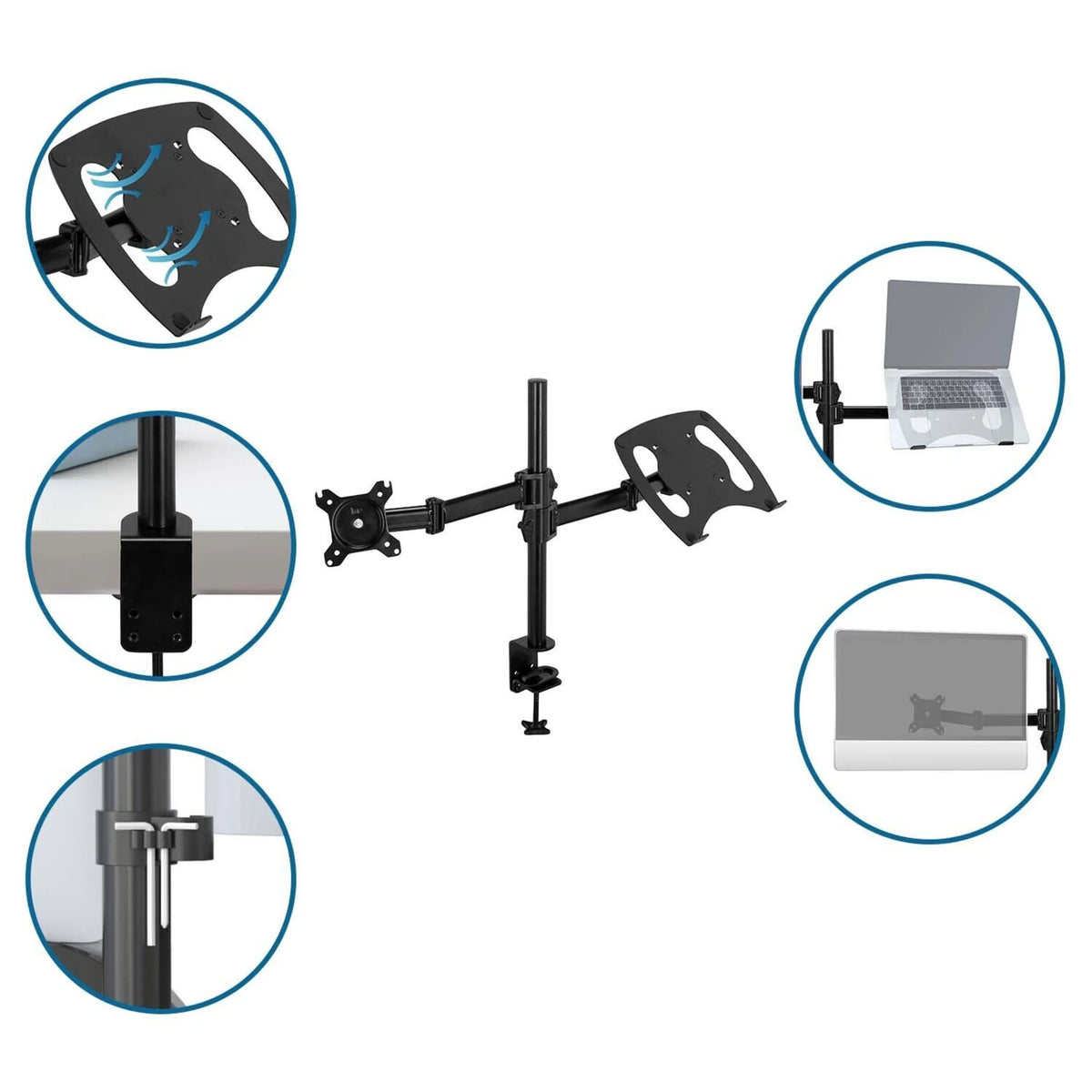 Supporto per monitor nero VM-MH2 con supporto per laptop e fissaggio al tavolo di hjh OFFICE
