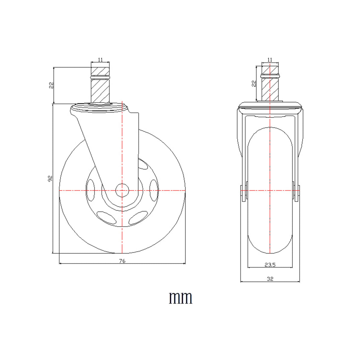 Technische Zeichnung einer Stuhlrolle 5x ROLO SKATE CT 11mm/75mm mit einem Durchmesser von 76 mm von hjh OFFICE