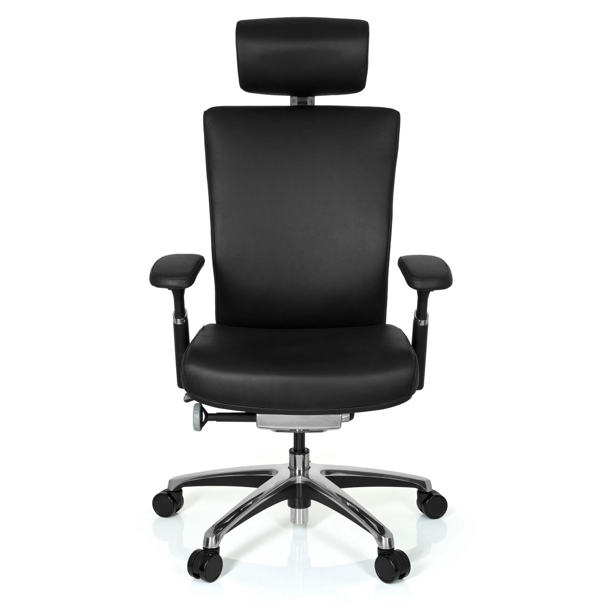 Sedia da ufficio professionale NOVA nera in pelle con poggiatesta e base a cinque ruote di hjh OFFICE – vista a 360° (vista frontale 0°)