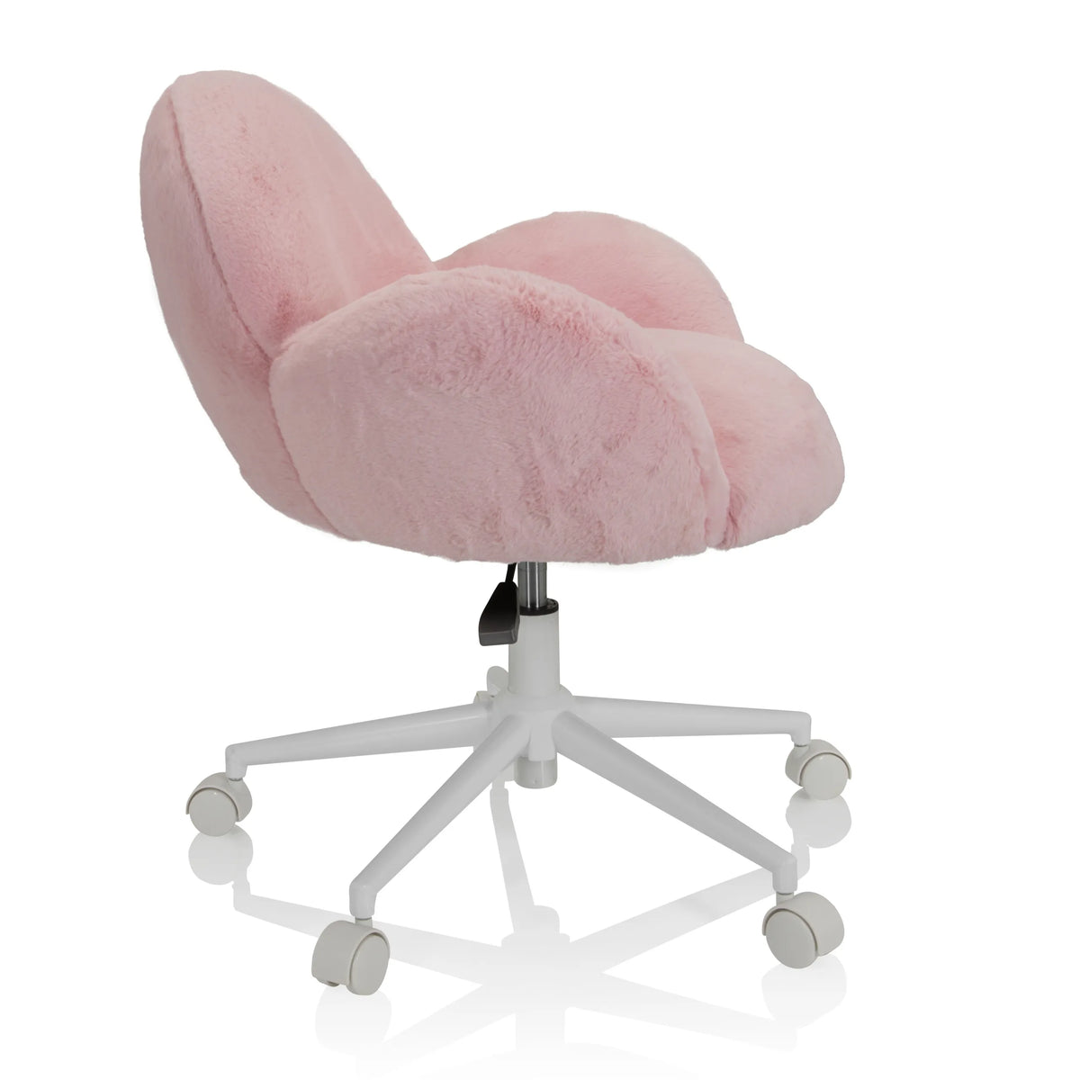 Sedia girevole per bambini KID TEDDY rosa con rivestimento soffice e base bianca a cinque ruote di hjh OFFICE – vista a 360° (profilo laterale 80°)