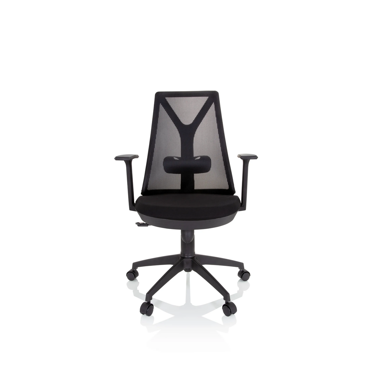 Sedia Home Office FALUN BASIC nera con schienale in rete e base a cinque ruote di hjh OFFICE – vista a 360° (vista frontale 0°)