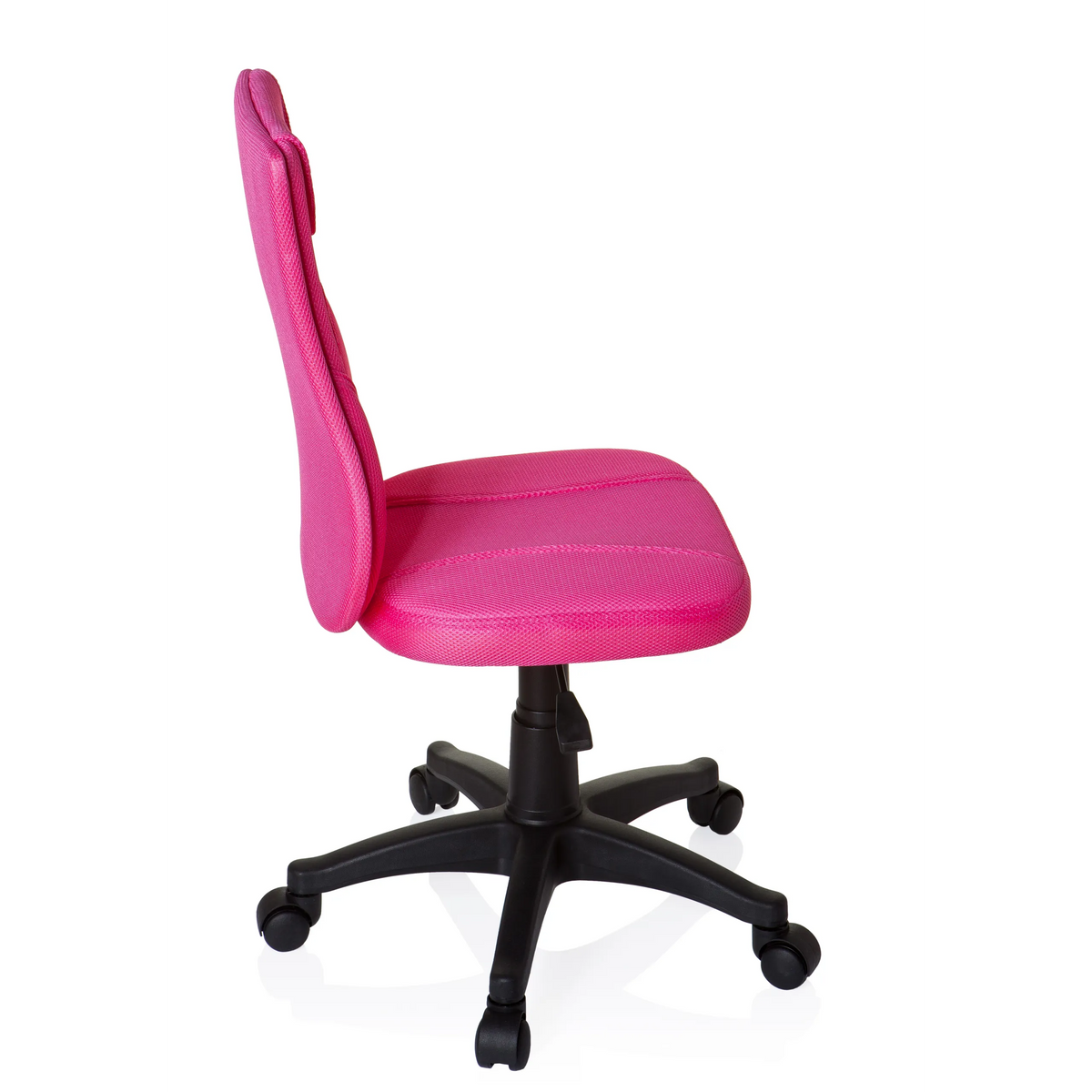 Sedia girevole per bambini KIDDY BASE rosa con schienale in rete e base nera a cinque ruote di hjh OFFICE – vista a 360° (profilo laterale 100°)