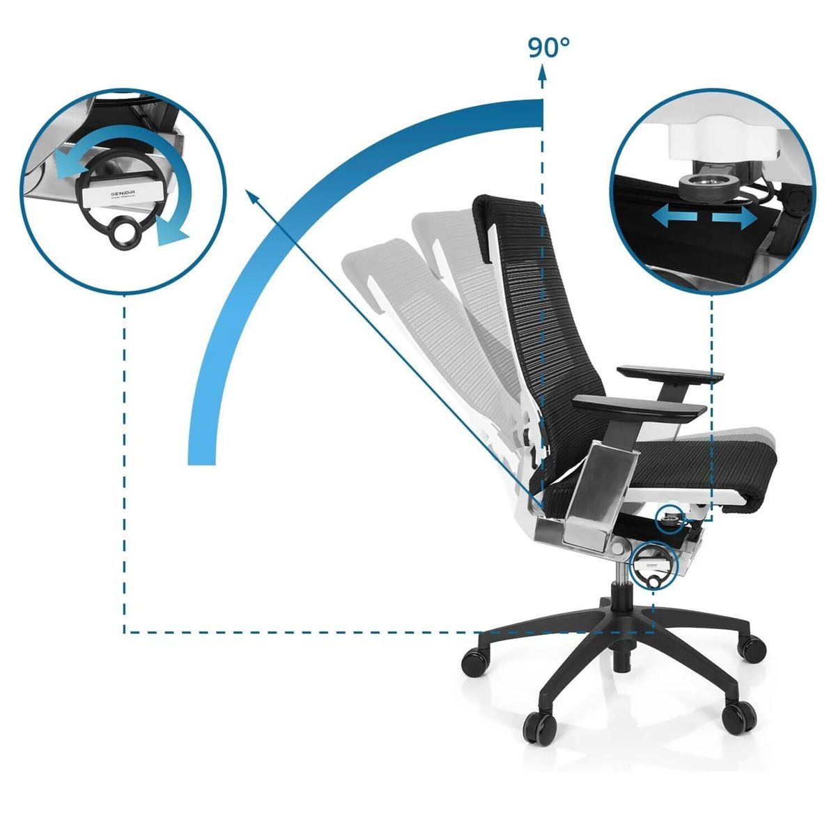 Schienale regolabile fino a 90 gradi della sedia da ufficio professionale GENIDIA SMART WHITE CM con leve di comando di hjh OFFICE