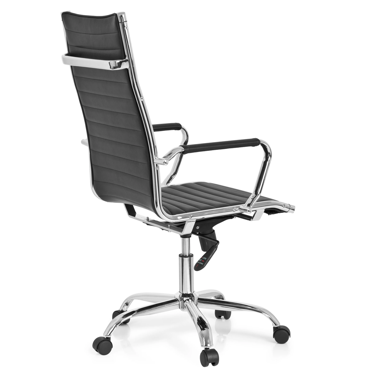 Schwarzer Profi-Chefsessel VEMONA 20 mit Quersteppung, Armlehnen und Fußkreuz mit fünf Rollen von hjh OFFICE – 360-Grad-Ansicht (schräge Rückenansicht 120°)