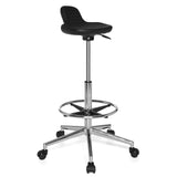 Sgabello girevole nero TOP WORK 03 con poggiapiedi e base a cinque ruote di hjh OFFICE – vista a 360° (vista frontale a tre quarti 40°)