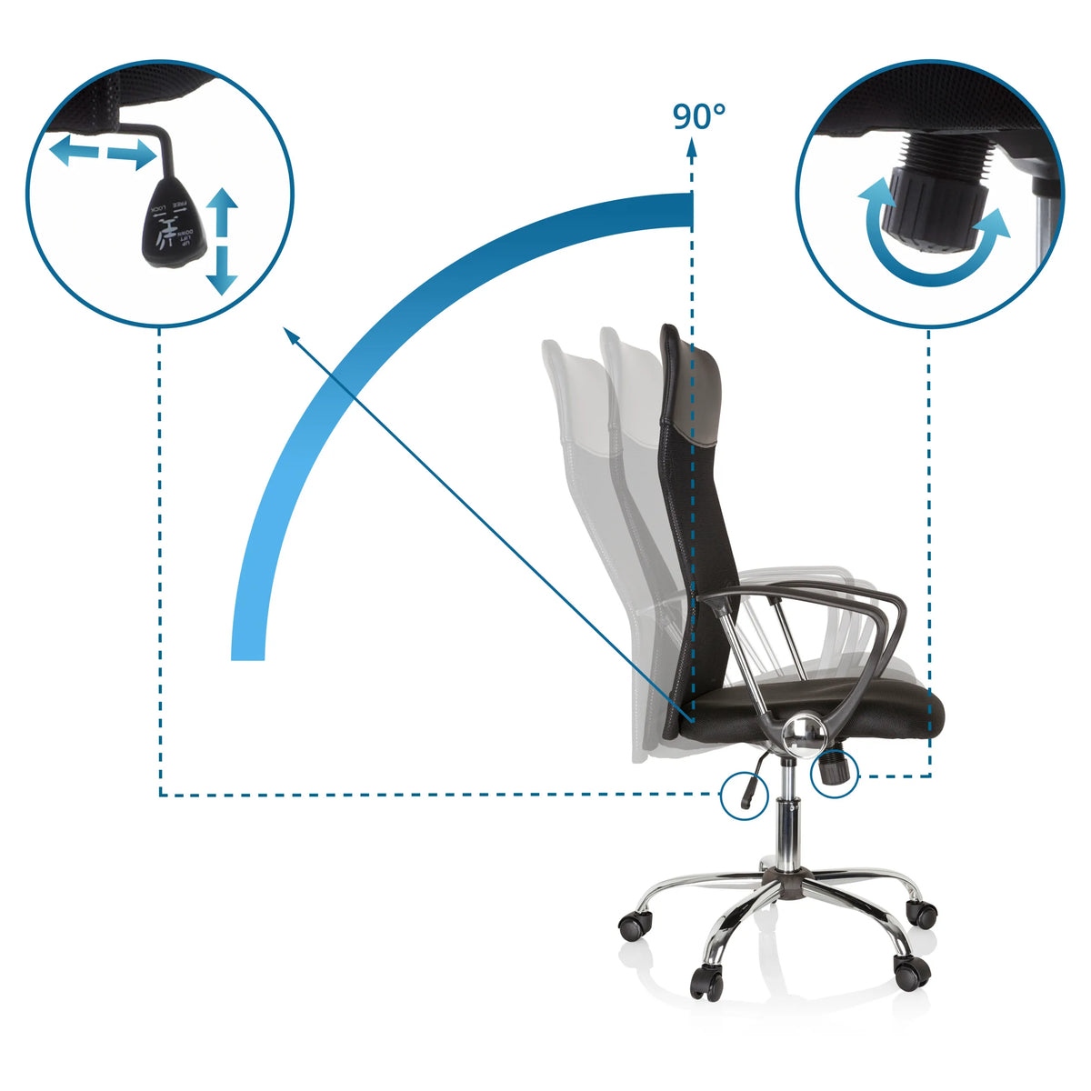 Meccanismo di regolazione dello schienale con angolo di inclinazione di 90° della Poltrona Home Office ARIA HIGH di hjh OFFICE
