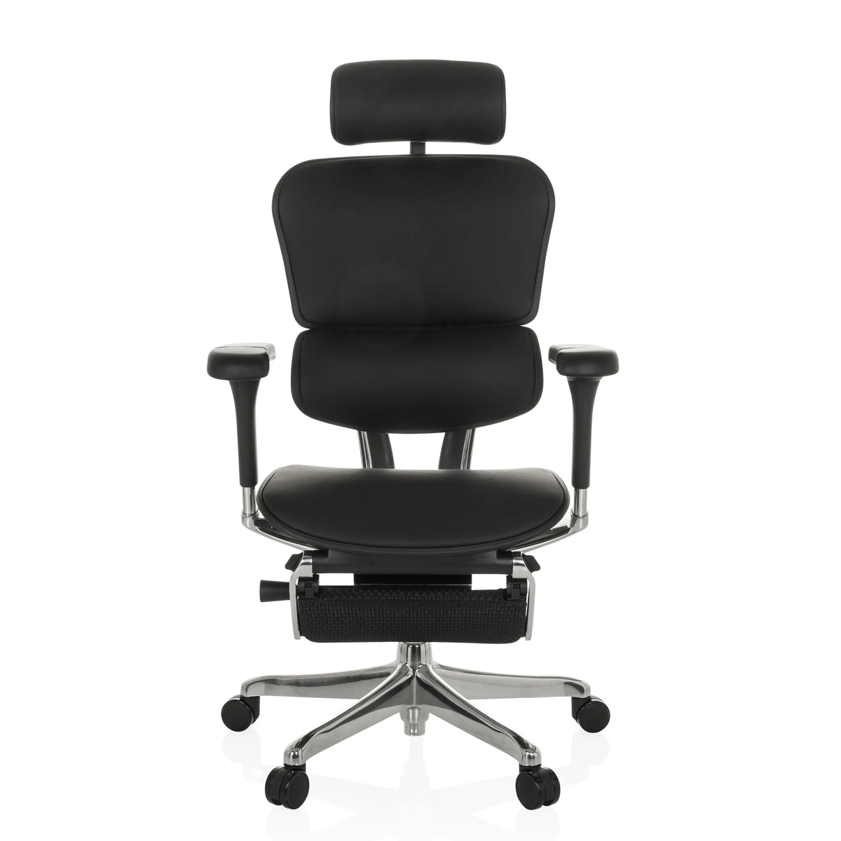 Schwarzer Luxus-Chefsessel ERGOHUMAN PLUS LEGPRO GEN2 aus Leder mit Fußstütze und Fußkreuz mit fünf Rollen von hjh OFFICE – 360-Grad-Ansicht (Frontansicht 0°)