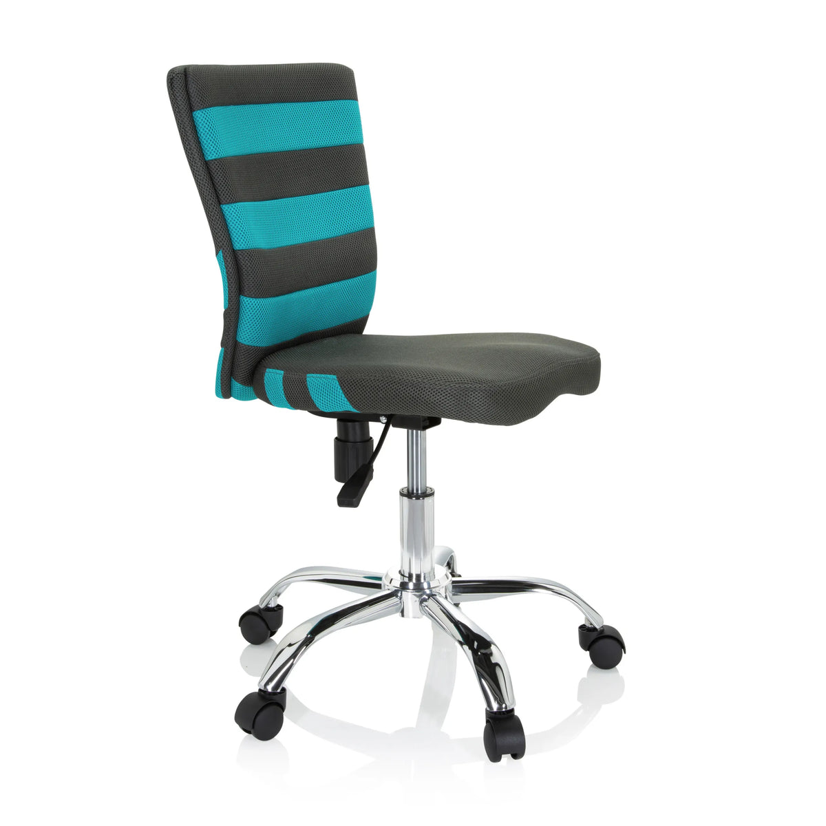 Sedia girevole per bambini KIDDY COMFORT I grigia con strisce turchesi nello schienale in rete e base a cinque ruote di hjh OFFICE – vista a 360° (vista frontale a tre quarti 60°)