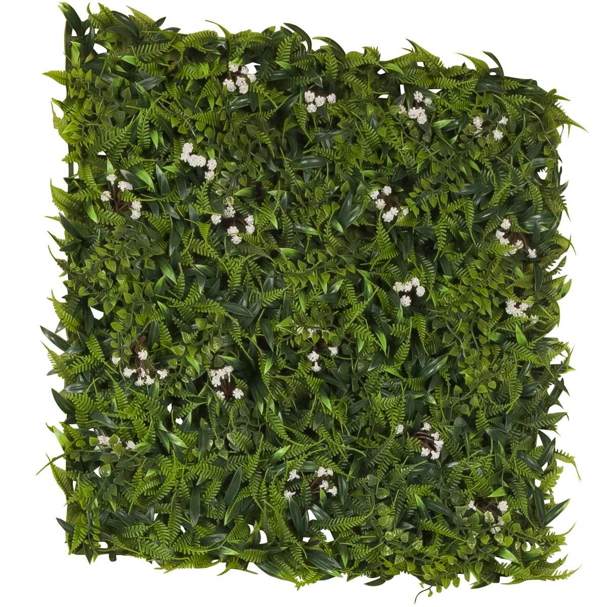 Pannello vegetale verde MORE GREEN I con foglie di felce e piccoli fiori bianchi di hjh OFFICE – vista a 360° (vista posteriore a tre quarti 120°)