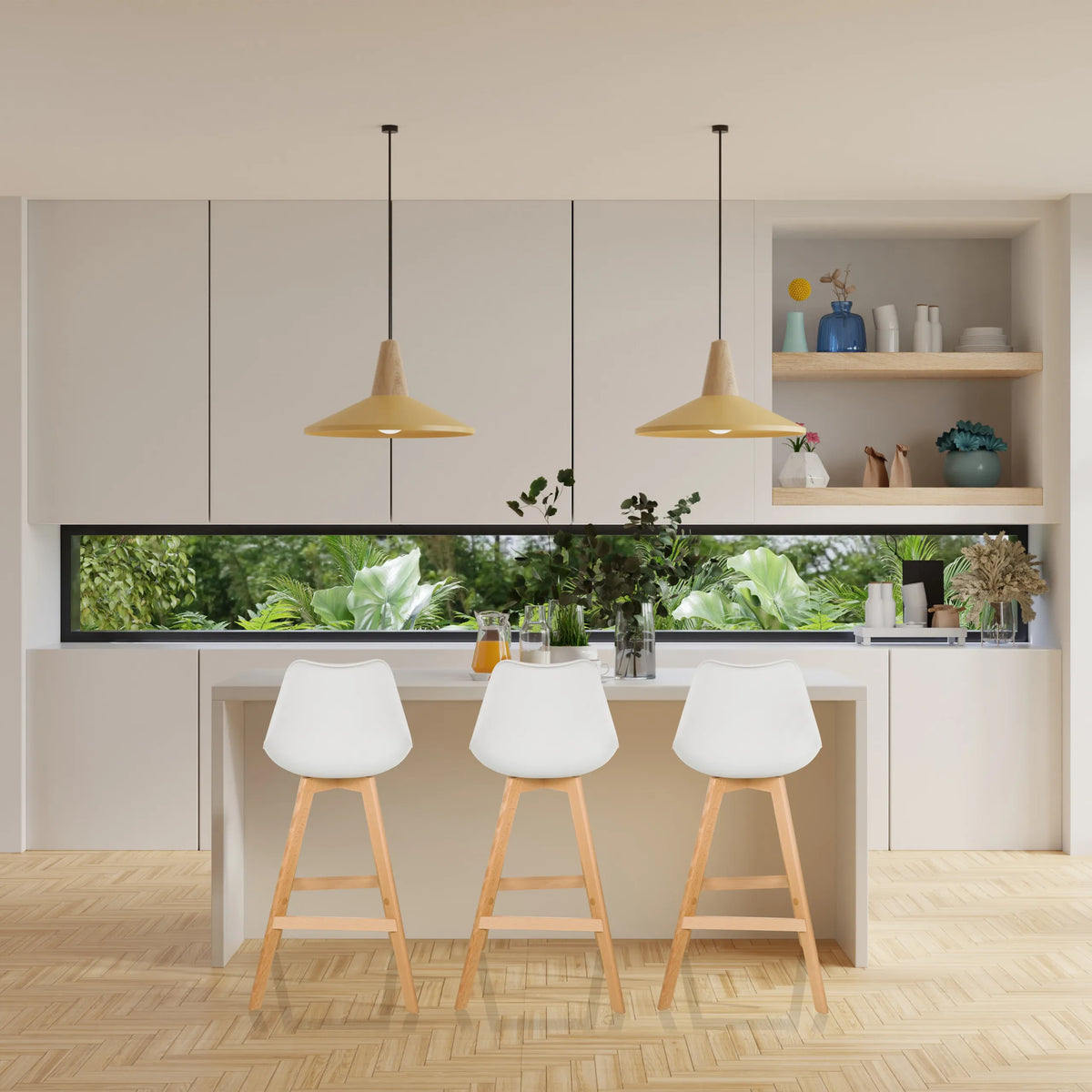 Tre sgabelli da bar SCANDI HIGH bianchi con gambe in legno chiaro presso un'isola da cucina di hjh LIVING