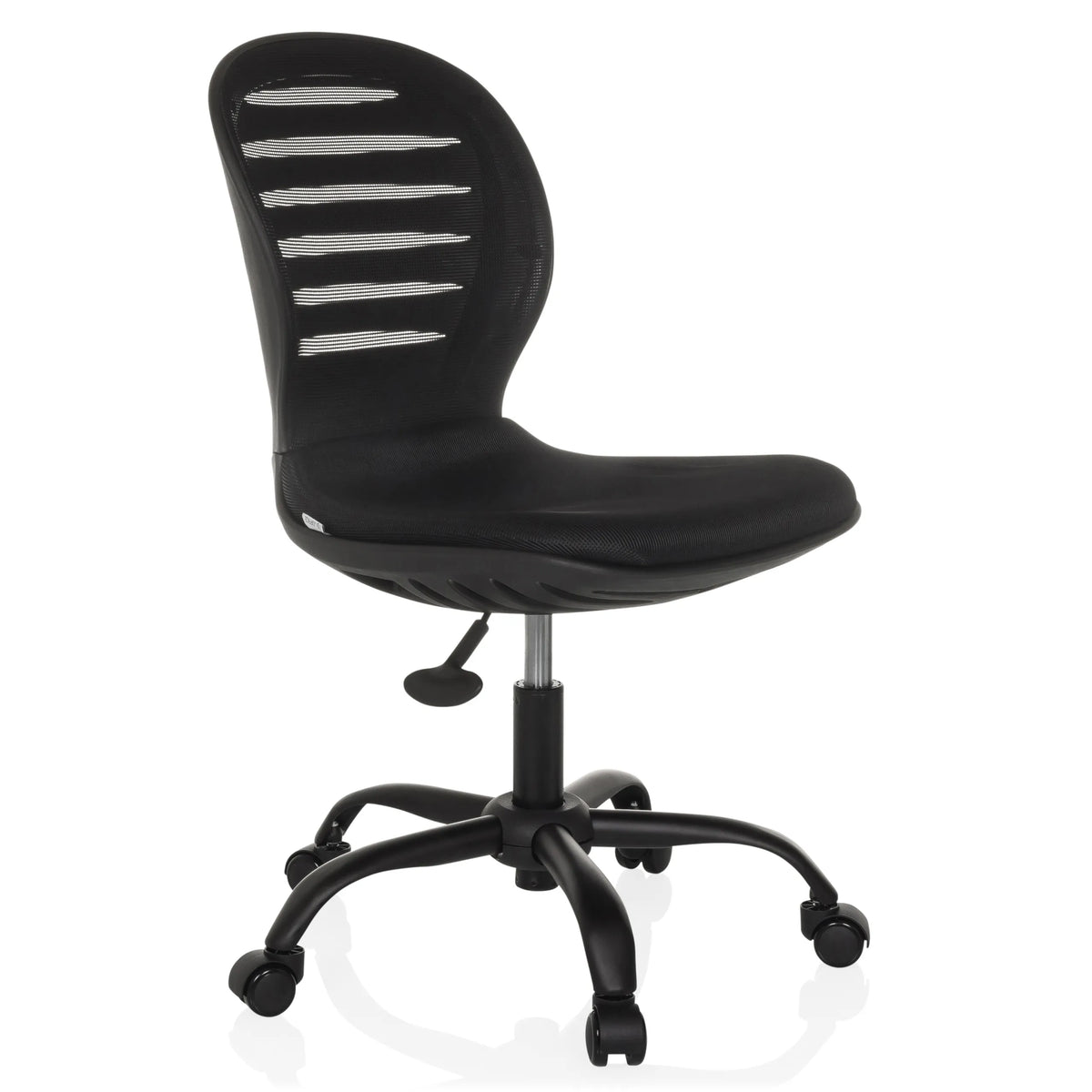 Sedia Home Office CASLA nera con schienale in rete e base a cinque ruote di hjh OFFICE – vista a 360° (vista frontale a tre quarti 45°)