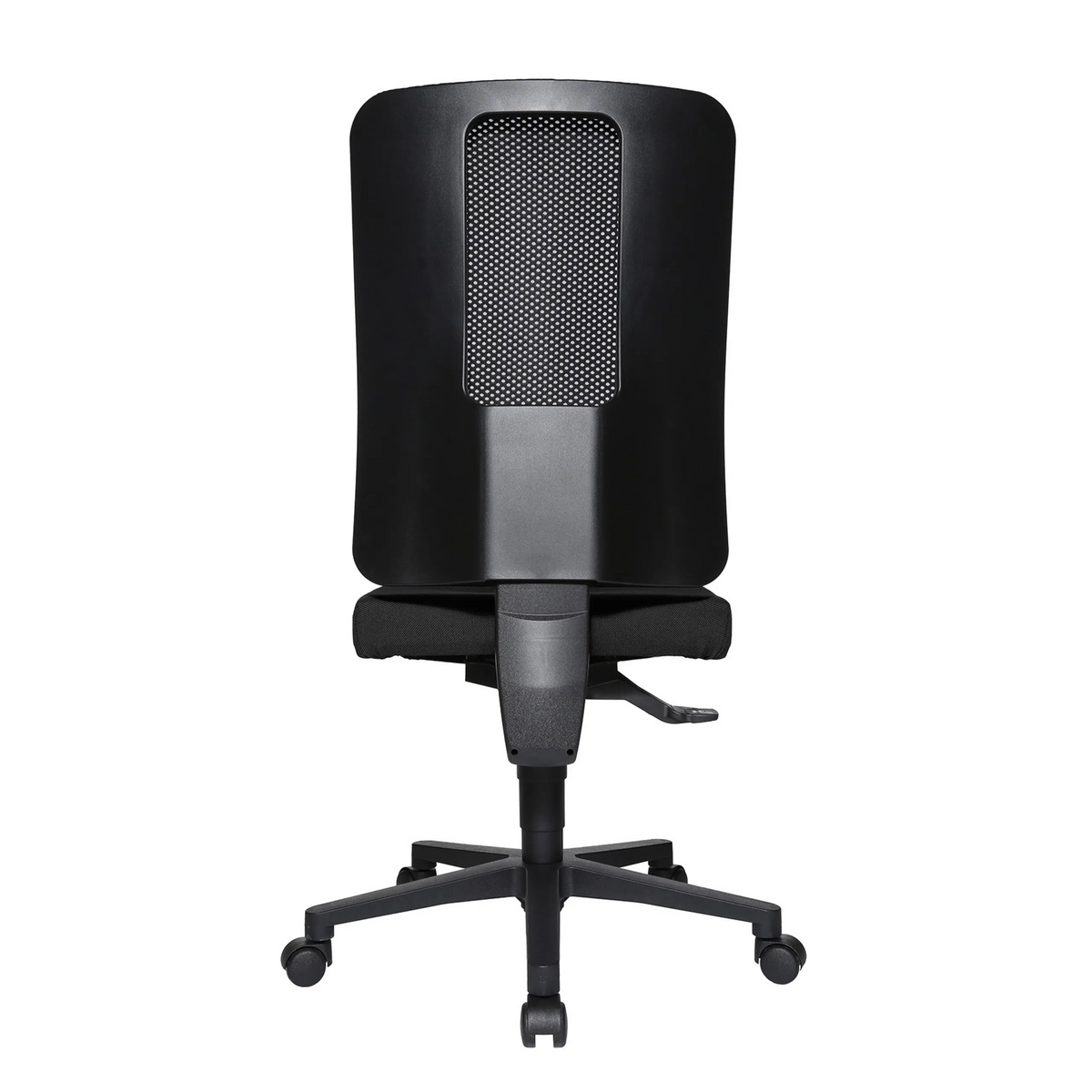 Sedia da ufficio professionale HJH WORK BASIC nera con schienale in rete e base a cinque ruote di Topstar – vista a 360° (vista posteriore a tre quarti 240°)