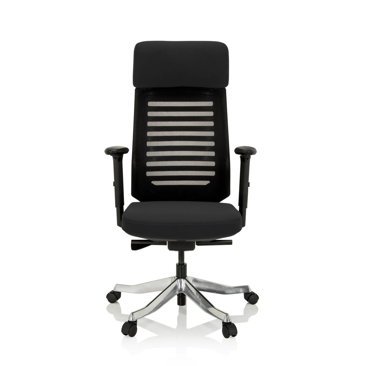 Sedia da ufficio professionale ASGON nera con schienale in rete e base a cinque ruote di hjh OFFICE – vista a 360° (vista frontale 0°)