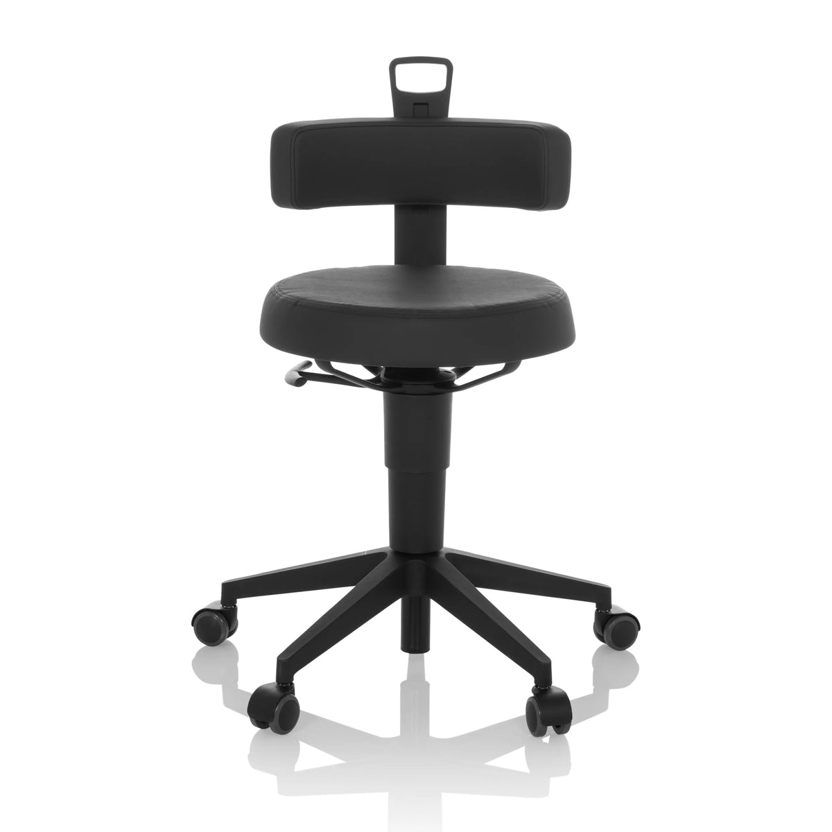 Sgabello girevole TOP WORK FLEX PU nero in ecopelle con schienale e base a cinque ruote di hjh OFFICE – vista a 360° (vista frontale 0°)