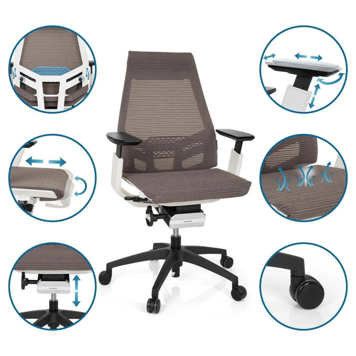 Sedia da ufficio professionale GENIDIA SMART WHITE in grigio-bianco con diverse possibilità di regolazione e viste di dettaglio di hjh OFFICE