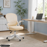 Sedia Home Office Naluro beige con braccioli e base bianchi in una stanza luminosa di hjh OFFICE (immagine generata dall’IA)