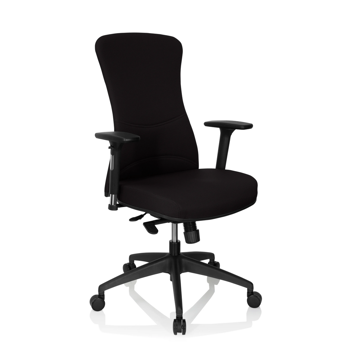 Schwarzer Profi-Bürostuhl OFFICE XT PRO mit Armlehnen und Fußkreuz mit fünf Rollen von hjh OFFICE – 360-Grad-Ansicht (schräge Frontansicht 40°)