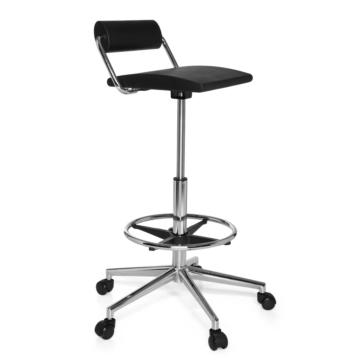 Sgabello girevole nero TOP WORK 28 con poggiapiedi e base a cinque ruote di hjh OFFICE – vista a 360° (vista frontale a tre quarti 60°)