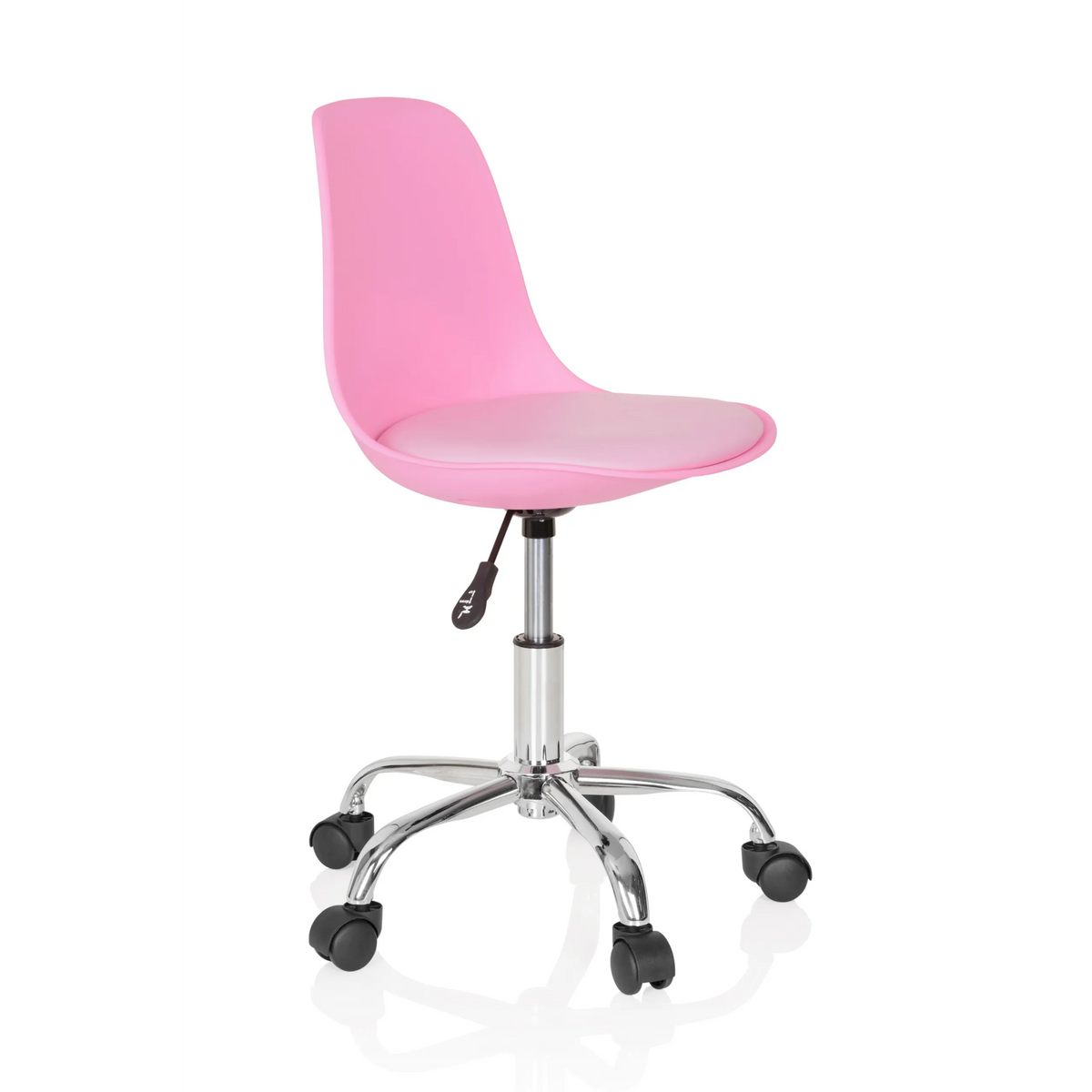 Sedia girevole per bambini FANCY II rosa con scocca curva e base a cinque ruote di hjh OFFICE – vista a 360° (vista frontale a tre quarti 60°)