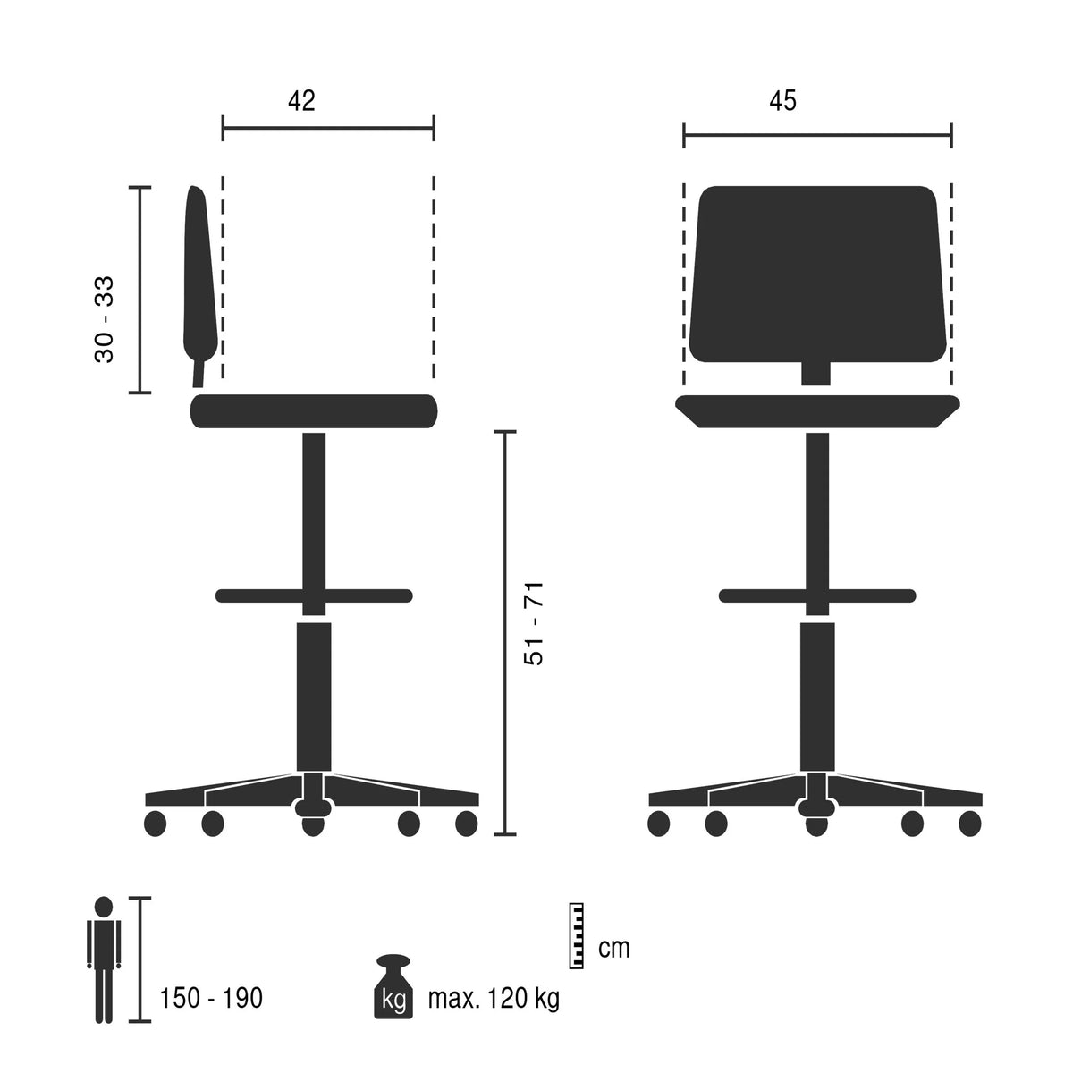 Technische Zeichnung des Arbeitsstuhls WORK MF2 W mit einer maximalen Belastbarkeit von 120 kg von hjh OFFICE