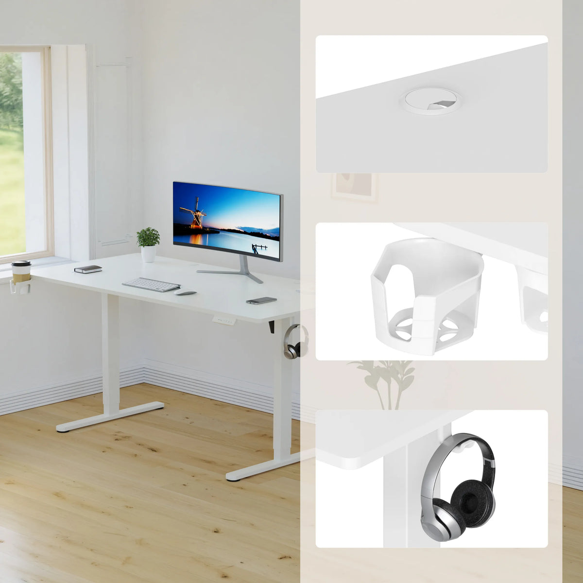 Passacavi, portabicchieri e supporto per cuffie sulla scrivania Worktime in bianco di hjh OFFICE