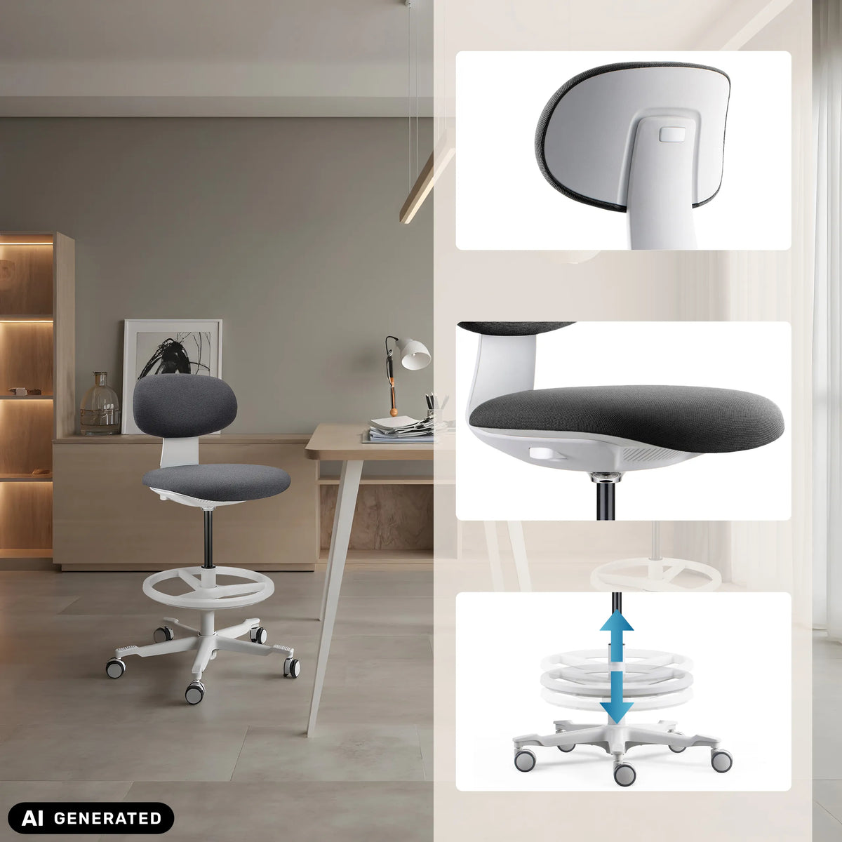 Regolazione dell'altezza e poggiapiedi della sedia da lavoro WORK MF2 W in grigio scuro di hjh OFFICE (immagine generata dall’IA)