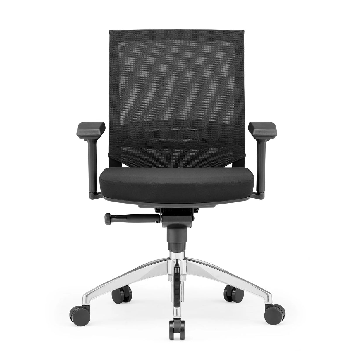 Sedia da ufficio professionale PORTO PRO nera con schienale in rete e base a cinque ruote di hjh OFFICE – vista a 360° (vista frontale 0°)