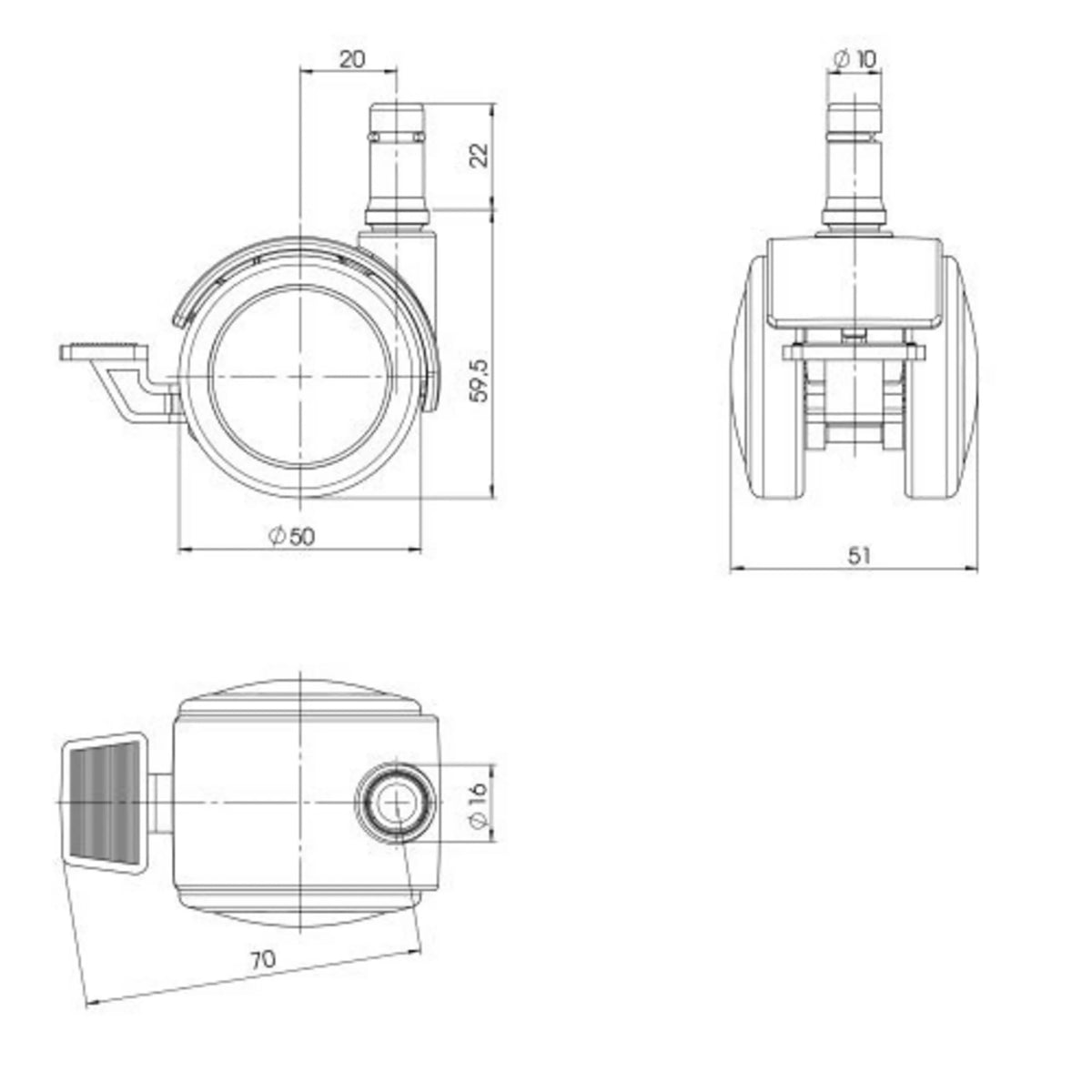Disegno tecnico delle Rotelle per Sedia 5x ROLO STOP 10mm/50mm con un diametro di 50 mm di hjh OFFICE
