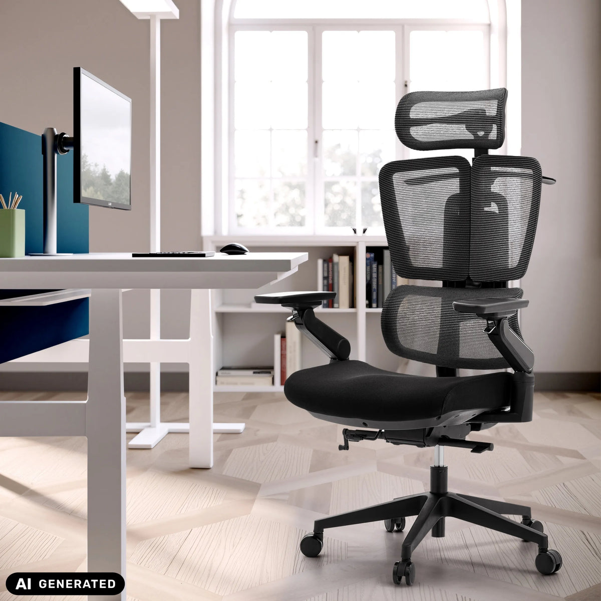 Sedia da ufficio professionale Ergo U2 Flex3 nera con schienale in rete e poggiatesta di hjh OFFICE (immagine generata dall’IA)