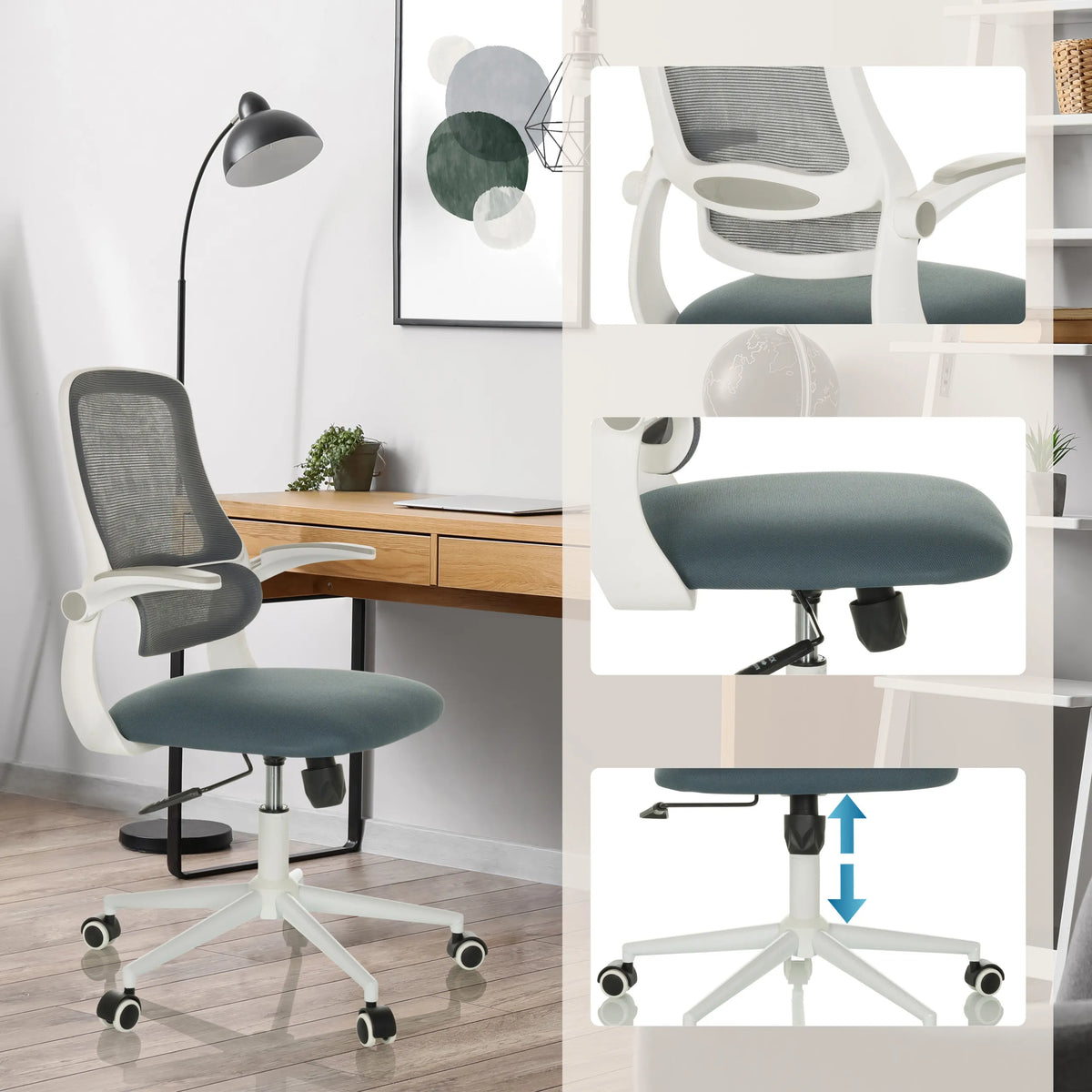 Sedia Home Office MIKO W ECO in grigio con schienale in rete, altezza del sedile regolabile e ruote di hjh OFFICE