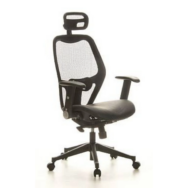 Sedia da ufficio professionale AIR-PORT in nero con schienale in rete, seduta in pelle e poggiatesta di hjh OFFICE