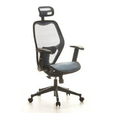 Sedia da ufficio professionale AIR-PORT con rivestimento in rete blu, poggiatesta e braccioli di hjh OFFICE