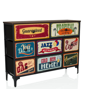 Cassettiera AMERIKO B con struttura nera e sei cassetti colorati a motivi in stile vintage di hjh LIVING