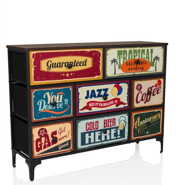 Cassettiera AMERIKO B con struttura nera e sei cassetti colorati a motivi in stile vintage di hjh LIVING